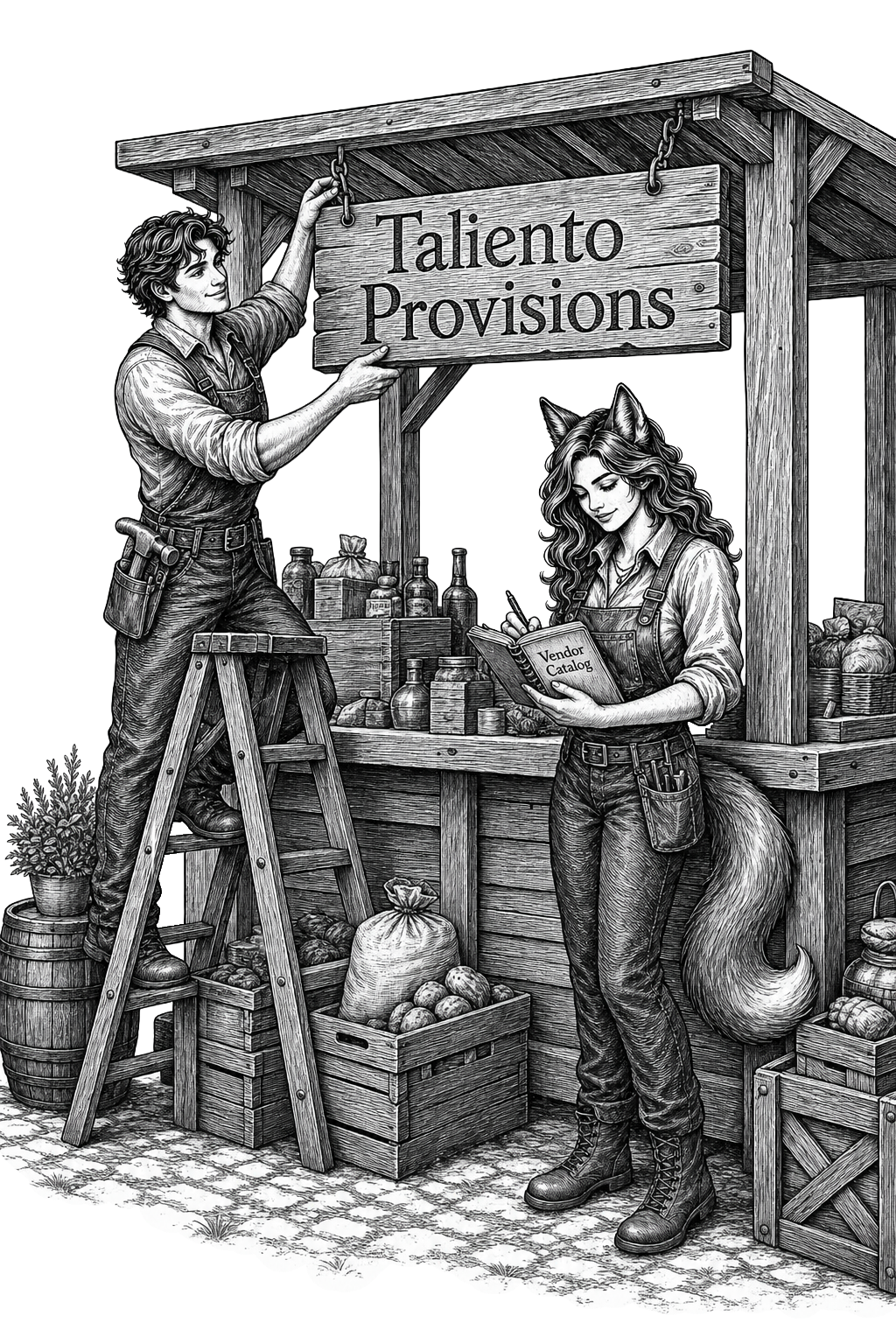 Kit hanging the Taliento Provisions sign while Talia writes up the catalog