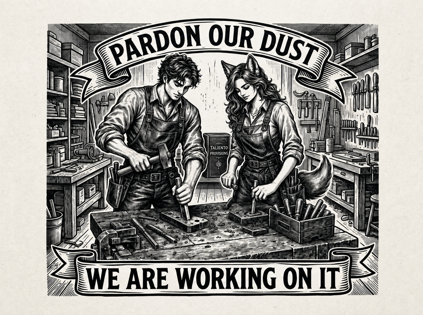 Kit and Talia at a workbench — Pardon Our Dust, We Are Working On It